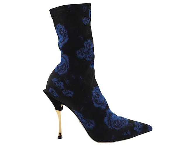 Dolce & Gabbana Blue Rose Cardinale Sock Ankle Boots in schwarzem bedrucktem Jacquard Synthetisch  ref.518666