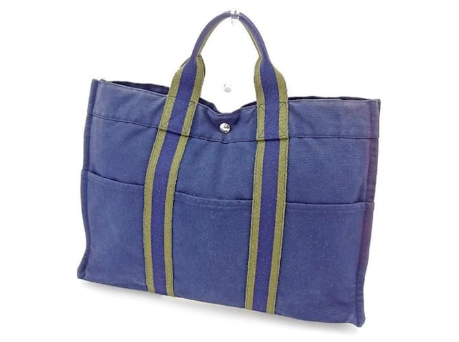 Hermès [Used] Hermes Tote Bag Handbag Tote MM Fool To Navy x Green Cotton Canvas HERMES Navy blue  ref.519111