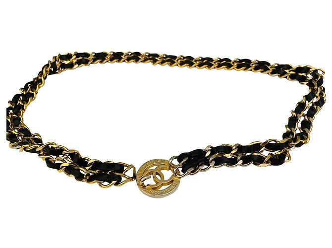 Cambon Cinto Chanel Couro trançado Dourado