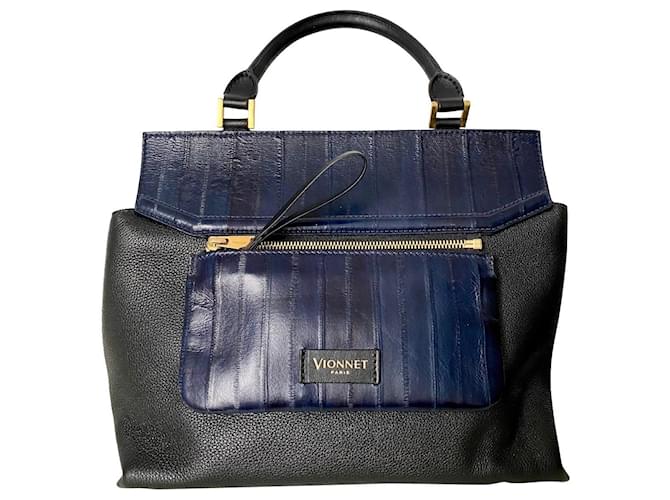 Vionnet Handbag with removable pocket and shoulder strap Black Navy blue Leather  ref.519598