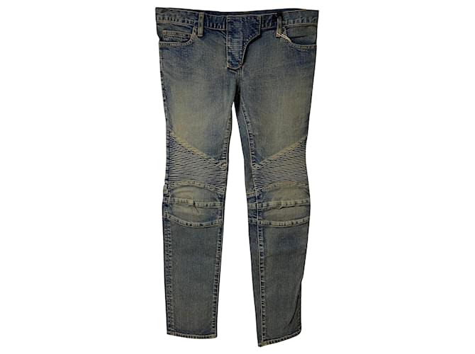 Balmain Washed Biker Jeans in Khaki Cotton Green  ref.519643