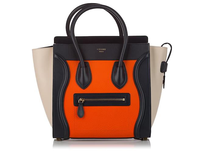 Céline Sac à main en cuir tricolore Celine Micro luggage tote orange Veau façon poulain Multicolore  ref.519741