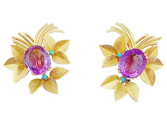 inconnue Vintage earrings, yellow gold, amethysts, turquoise.  ref.520012