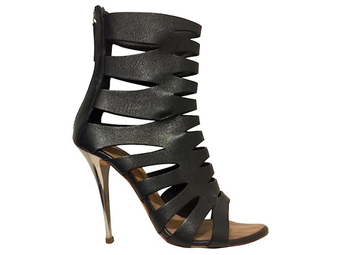 Cage heels with cut outs Giuseppe Zanotti Black Silvery Leather  ref.520147