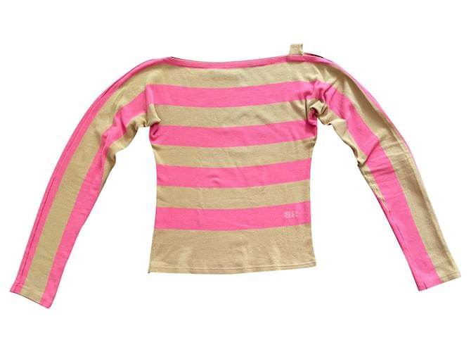 T-shirt a maniche lunghe con righe kaki rosa e beige Sonia Rykiel T. 36 Cachi Cotone  ref.520262