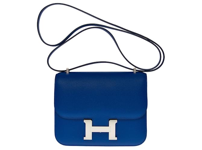 Espléndido bolso de hombro Hermès Constance Mini 18 en piel Epsom azul real, adornos de metal plateado paladio Cuero  ref.520846