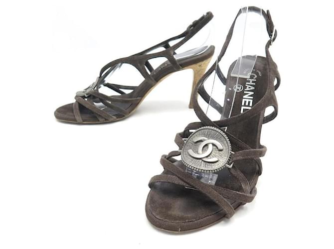 CHANEL SHOES SANDALS WITH CORK HEEL 37.5 BROWN SUEDE SANDAL SHOES  ref.521198