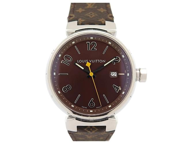 LOUIS VUITTON TAMBOUR Q WATCH1111 39 MM QUARTZ STEEL & LEATHER +