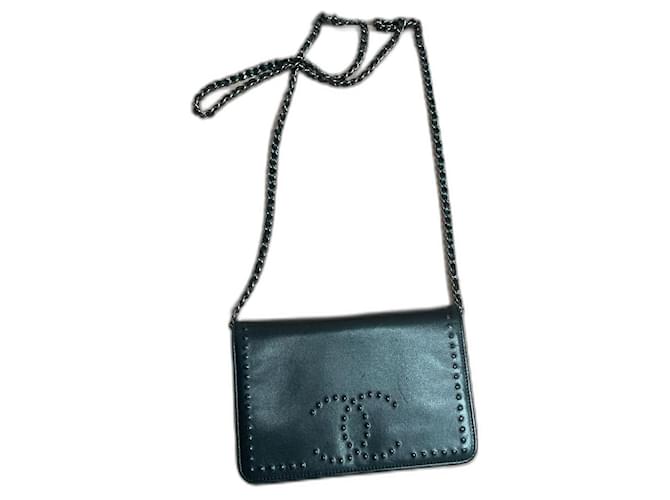Bolsa de ombro Chanel Vintage Wallet on Chain Preto Couro  ref.521546