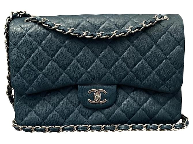 Timeless Chanel Bolsa com aba atemporal Classique Jumbo forrada Azul Couro  ref.521751