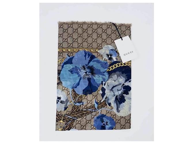 Gucci Stola gg Supreme neuer Blumendruck Blau Mehrere Farben Wolle  ref.521884