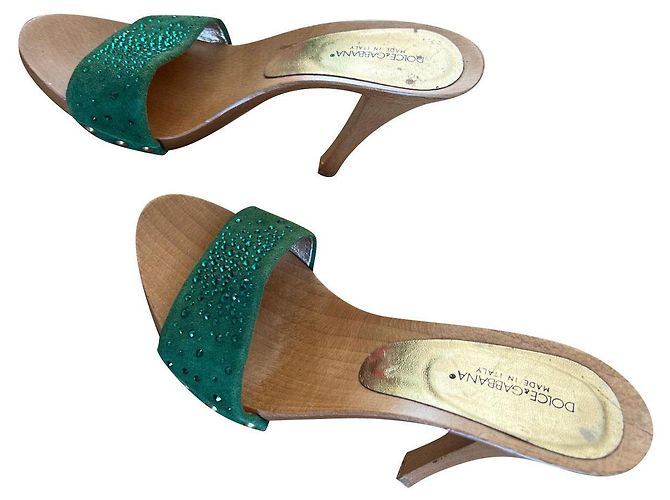 Dolce & Gabbana Clogs Emerald Green Suede Swarovski Olive green