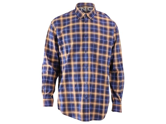 Everyday Camisa de franela a cuadros en algodón azul con logotipo trasero de Balenciaga  ref.522286