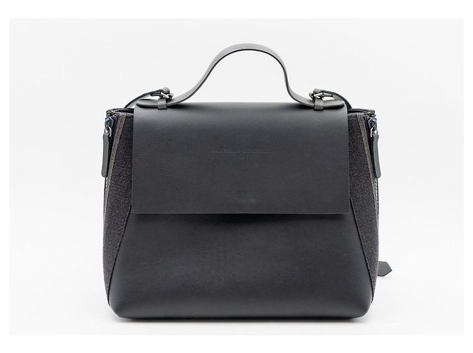 Bolsa de alça superior Brunello Cucinelli em couro preto com lona e acabamento lateral Monili