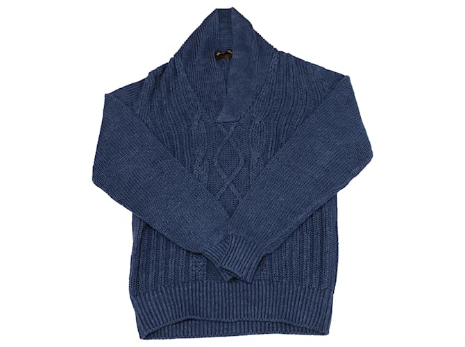Loro Piana Ribbed V Neck Cable Knit Sweater in Blue Linen  ref.522312