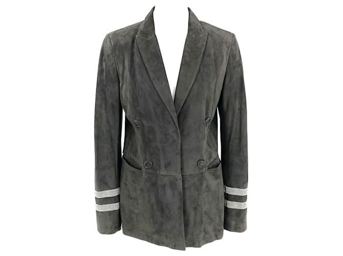 Manteau en daim Brunello Cucinelli gris avec détails Precious Suede  ref.522352