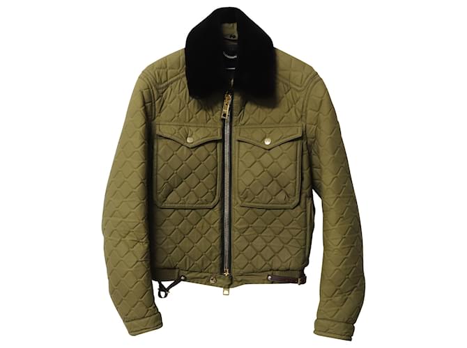BURBERRY PRORSUM Fall 2014 Mink Collar Quilted Bomber Jacket in Green Cotton Olive green  ref.522479