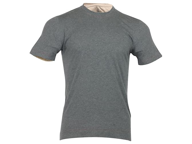 Brunello Cucinelli T-Shirt mit Stehkragen aus grauem Baumwolljersey Baumwolle  ref.522521