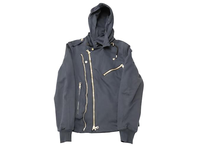 Balmain Double Zip Biker Hooded Jacket in Navy Blue Cotton  ref.522528