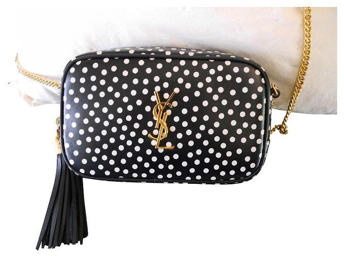 Saint Laurent Camera Bag Bolsa de ombro couro preto bolinhas brancas Branco