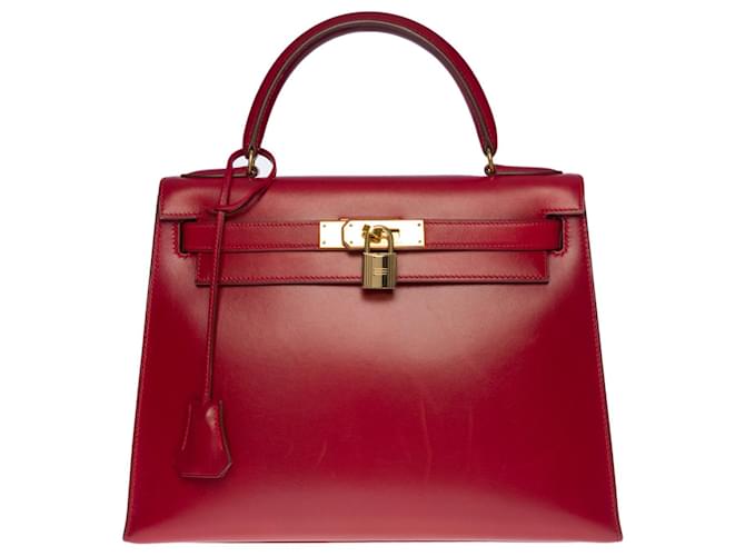 Bolsa excepcional Hermès Kelly 28 seleiro em couro caixa vermelha H, guarnição de metal banhado a ouro, Vermelho  ref.522756