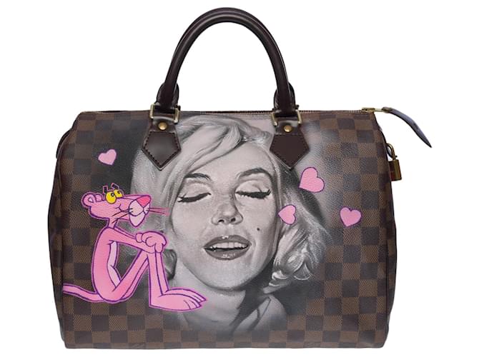 Sac Louis Vuitton speedy 30 in ebony checkered canvas customized "Pink Panther in love with Marilyn" Brown Cloth  ref.522935