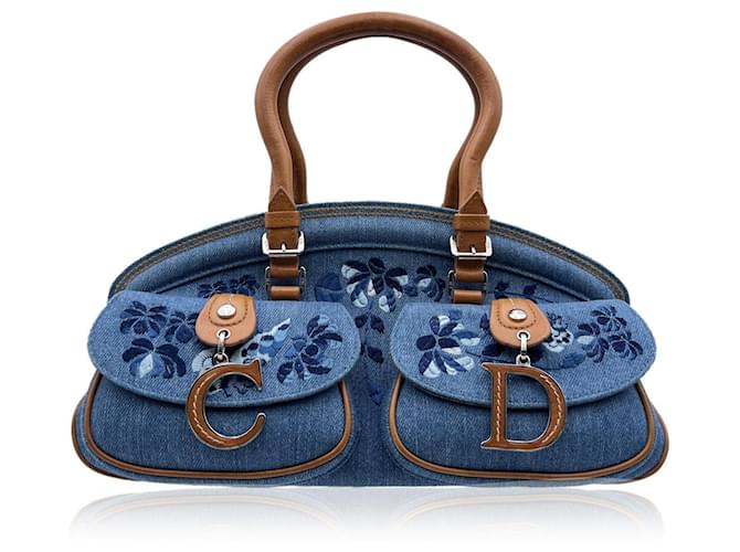 Christian Dior Blue Denim Floral Embroidery Detective Bag