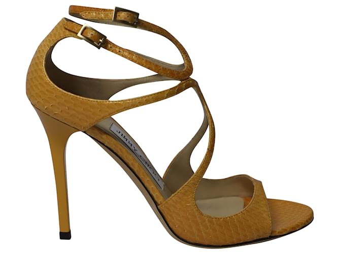 Jimmy Choo Lang 100 Strappy Sandals in Yellow Snakeskin Leather  ref.523345