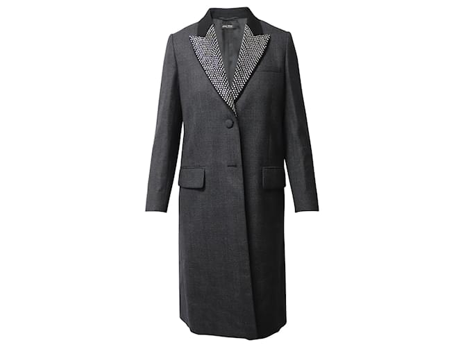 Miu Miu Crystal-Embellished Prince of Wales Checked Coat in Grey Wool  ref.523364