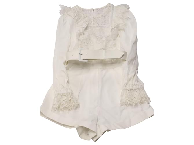 Self Portrait Lace Trimmed Playsuit with Belt in White Cotton Cream  ref.523387