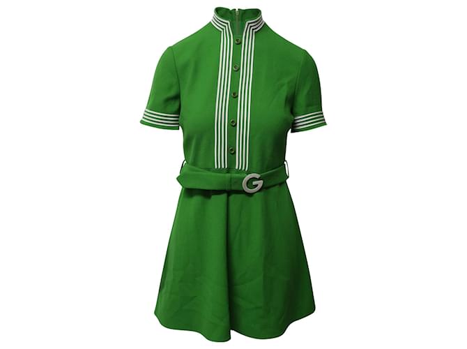 Gucci Striped-Trim Belted Dress in Green Wool  ref.523424
