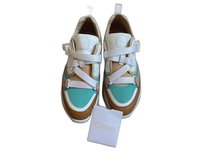 Chloé Sonny sneakers Brown White Turquoise Cloth  ref.523472