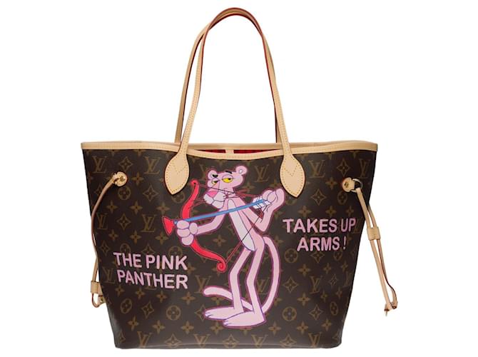 Superb Louis Vuitton Neverfull handbag in Monogram canvas customized “The pink panther, takes up weapons” Brown Cloth  ref.523943