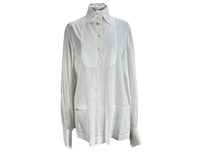 Chanel White Pintucked Cotton Shirt Blouse Size 38 fr  ref.524002