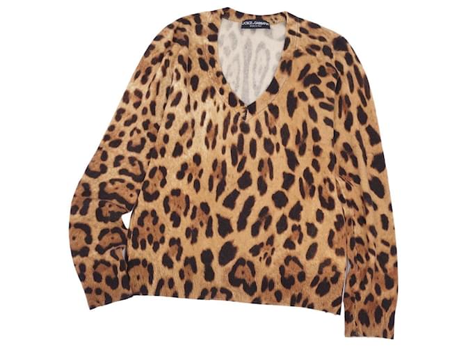 [Usado] Cachemira de punto Dolce & Gabbana 100% Suéter de leopardo Tops de patrón de leopardo con cuello en V para mujer 46 (L equivalente) Castaño  ref.524013