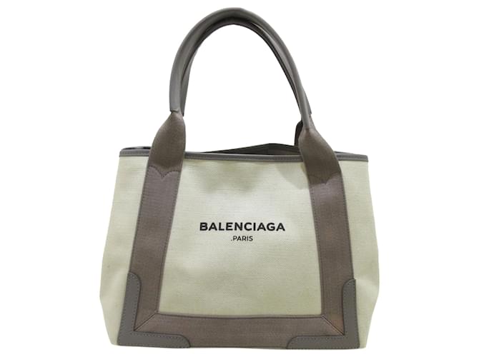 Balenciaga Brown Navy Cabas S Canvas Tote Bag Beige Grey Leather Cloth Pony-style calfskin Cloth  ref.524035