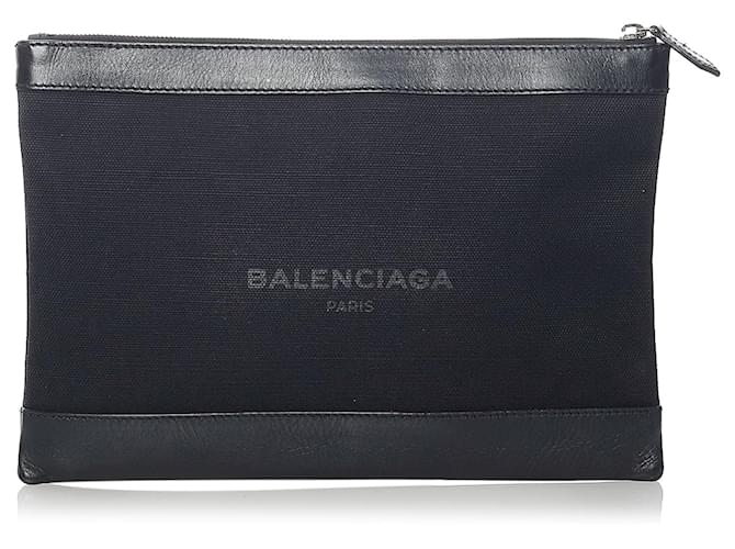 Balenciaga Black Navy Clip M Canvas Clutch Bag Leather Cloth Pony