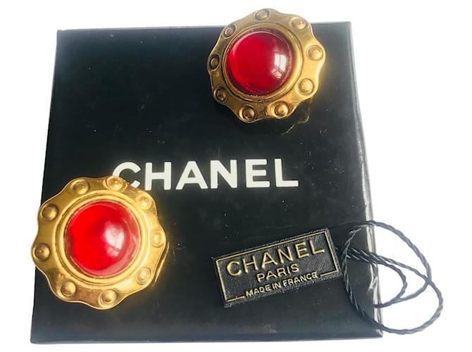 Chanel Gripoix Clip On Vintage Earrings Red Gold hardware Metal