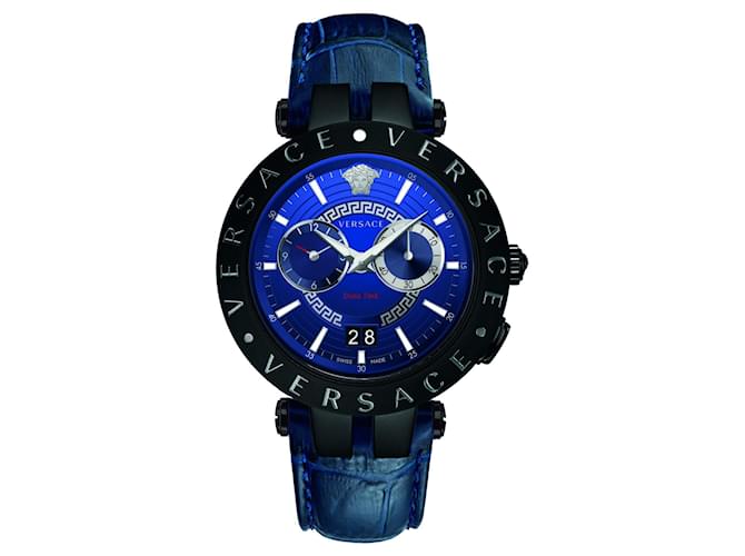 Versace V-Race Multifunction Leather Watch Black  ref.524705