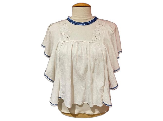 Top Isabel Marant Etoile con Volant in Cotone Bianco e Blu