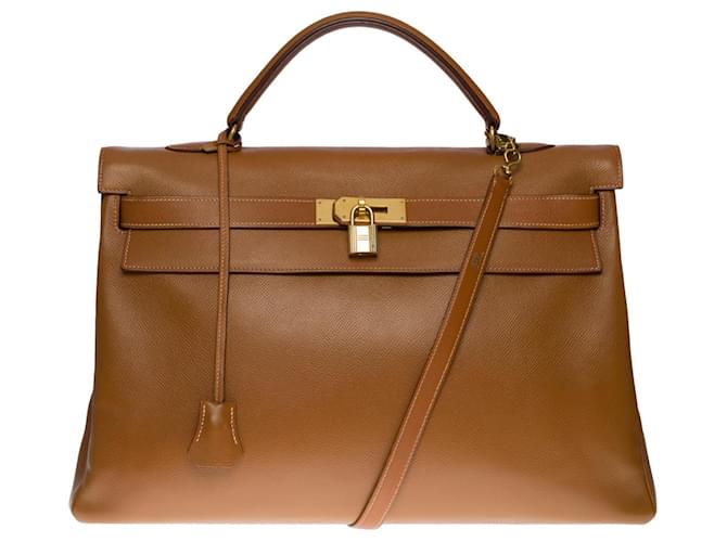Hermès Splendida borsa Hermes Kelly 40 tracolla rivoltata in pelle Courchevel Camel (oro) , finiture in metallo placcato oro D'oro  ref.525613
