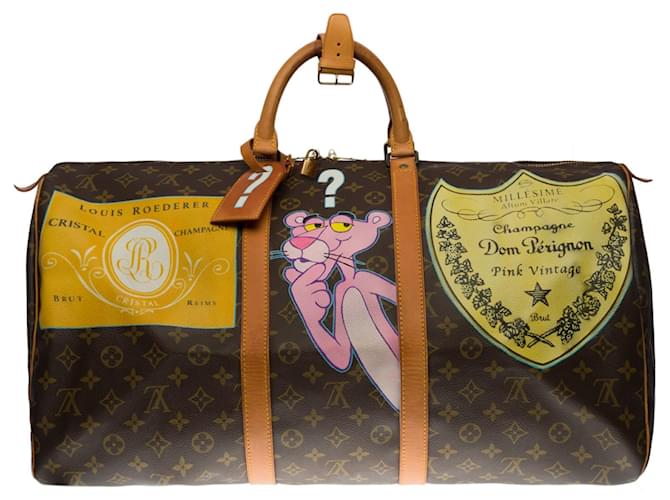 Hermosa bolsa de viaje Louis Vuitton Keepall 55 cm en lienzo Monogram personalizado "Cristal Roederer Vs Dom Pérignon" Castaño  ref.525614