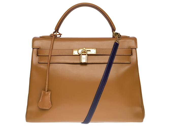 Magnificent & Rare Hermès Kelly handbag 32 turned over shoulder strap in Gold box leather, gold plated metal trim Golden  ref.525617