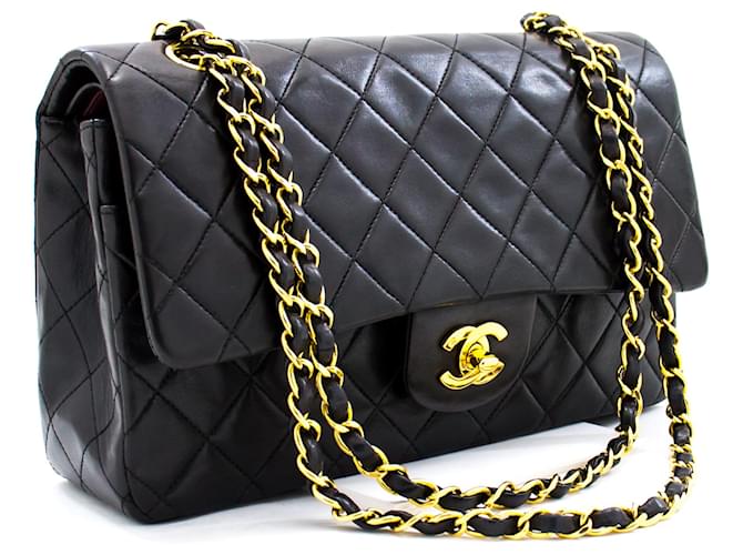 Chanel 2.55 solapa forrada 10"Bolso de hombro con cadena Cordero clásico negro Cuero  ref.525623
