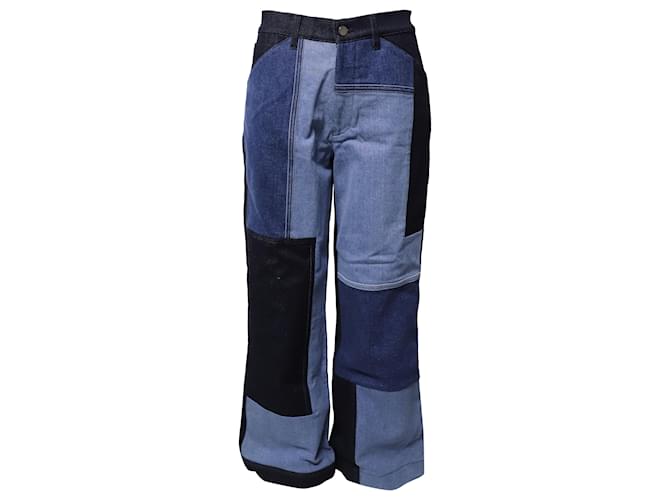 Jeans Victoria Beckham Patchwork a gamba larga in cotone blu  ref.526292