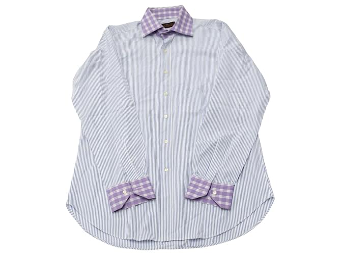 Etro Kontrastgestreiftes Button-Down-Hemd aus blauer Baumwolle  ref.526409