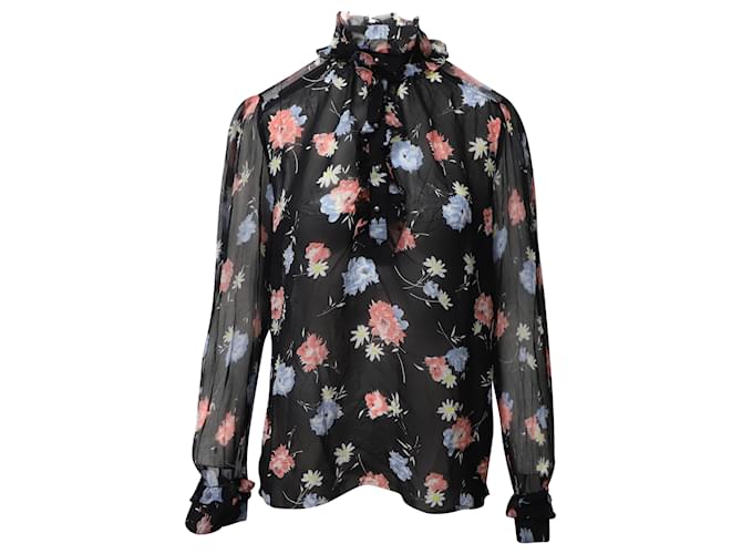 Dolce & Gabbana Rüschenbluse mit Blumenmuster aus schwarzer Seide  ref.526413