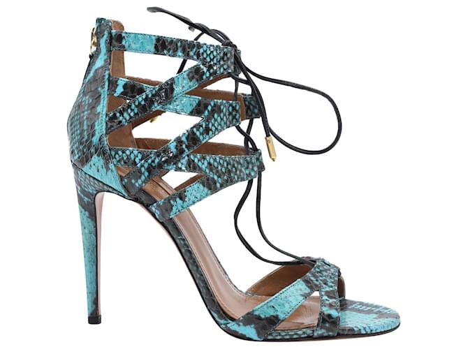 Aquazzura Beverly Hills Elaphane 105 Sandals in Turquoise Snakeskin Leather  ref.526439