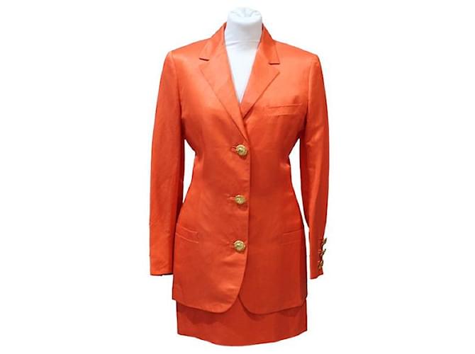 Versace Skirt suit Orange Silk Linen  ref.526485