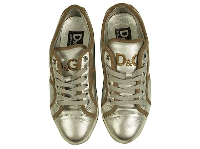 Dolce & Gabbana Mouse DS8009 Silver Leather Beige Suede Trim Sneakers Shoes 37 Silvery  ref.526927